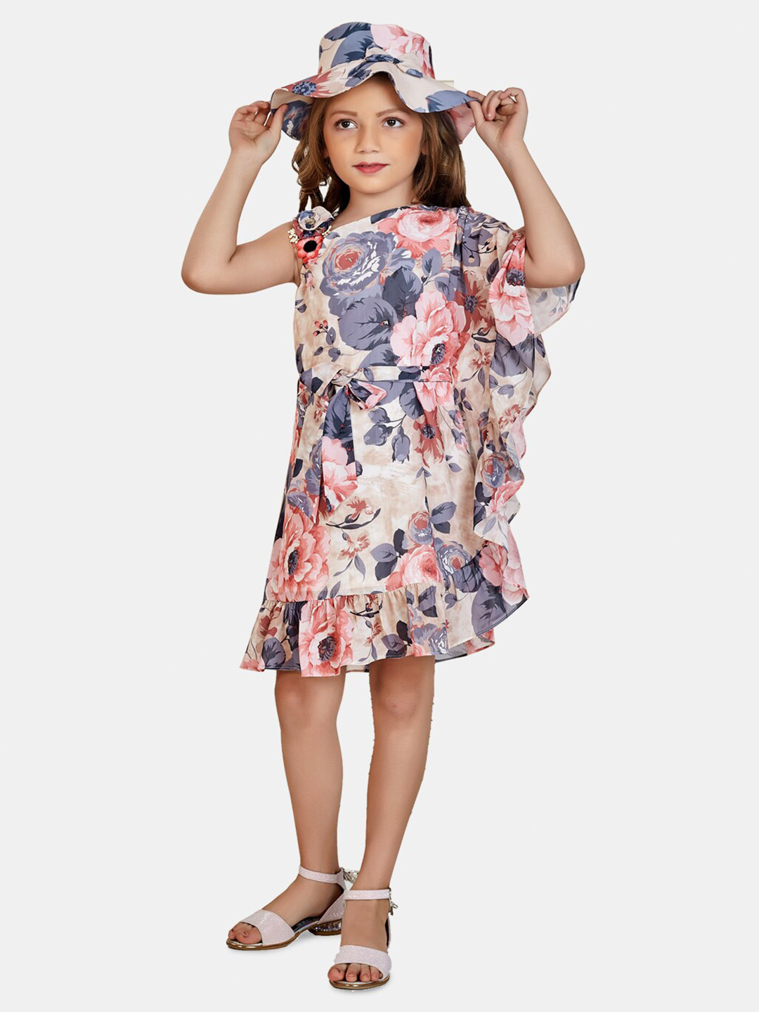 

Peppermint Girls Floral Printed One Shoulder Extended Sleeves Chiffon Kaftan Dress, Blue