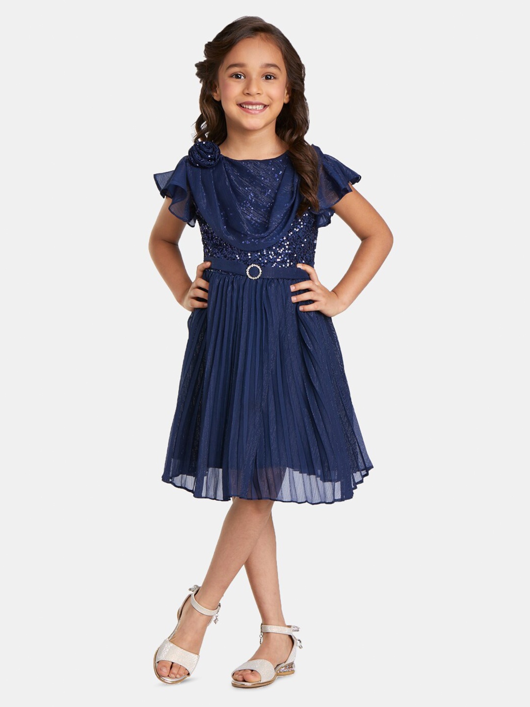 

Peppermint Girls Embellished Flutter Sleeves Accordion Pleats Net Fit & Flare Dress, Navy blue