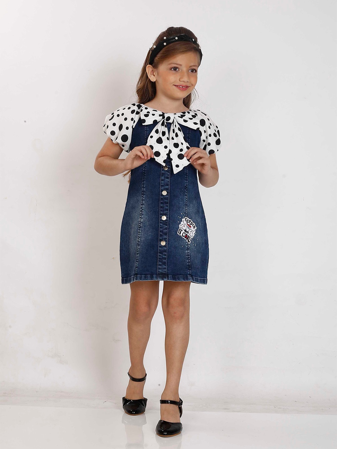 

Peppermint Girls Puff Sleeve Tie Up Pure Cotton Denim A-Line Dress, Navy blue
