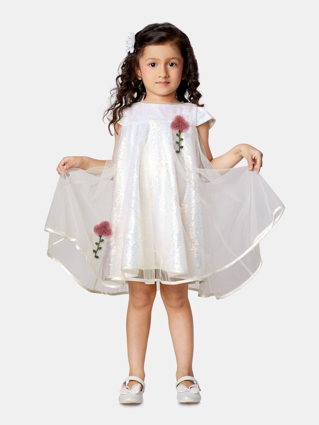 

Peppermint Girls Embellished Cap Sleeves Net A-Line Dress, Off white
