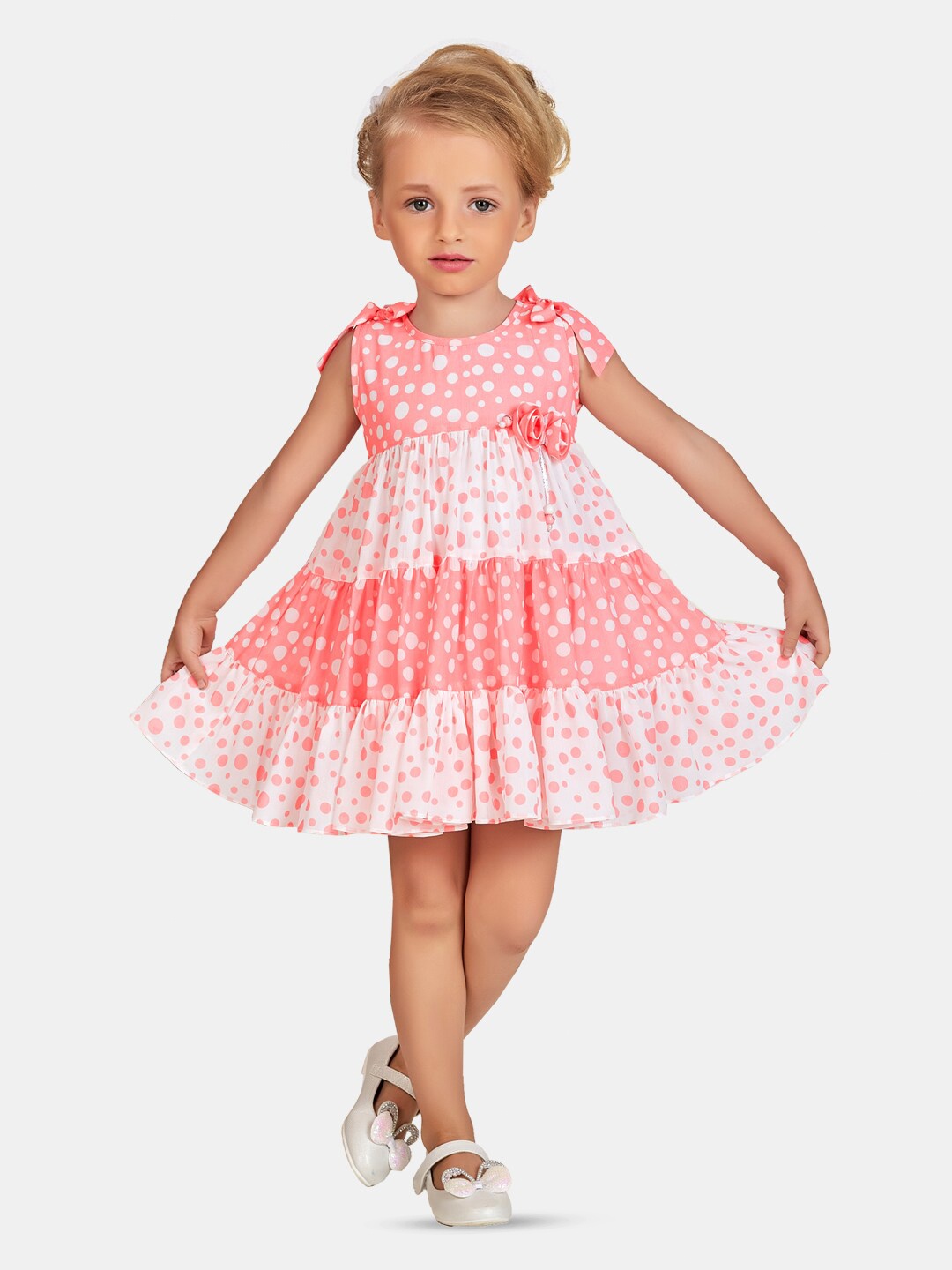 

Peppermint Girls Polka Dots Tiered Round Neck Fit & Flare Dress, Peach