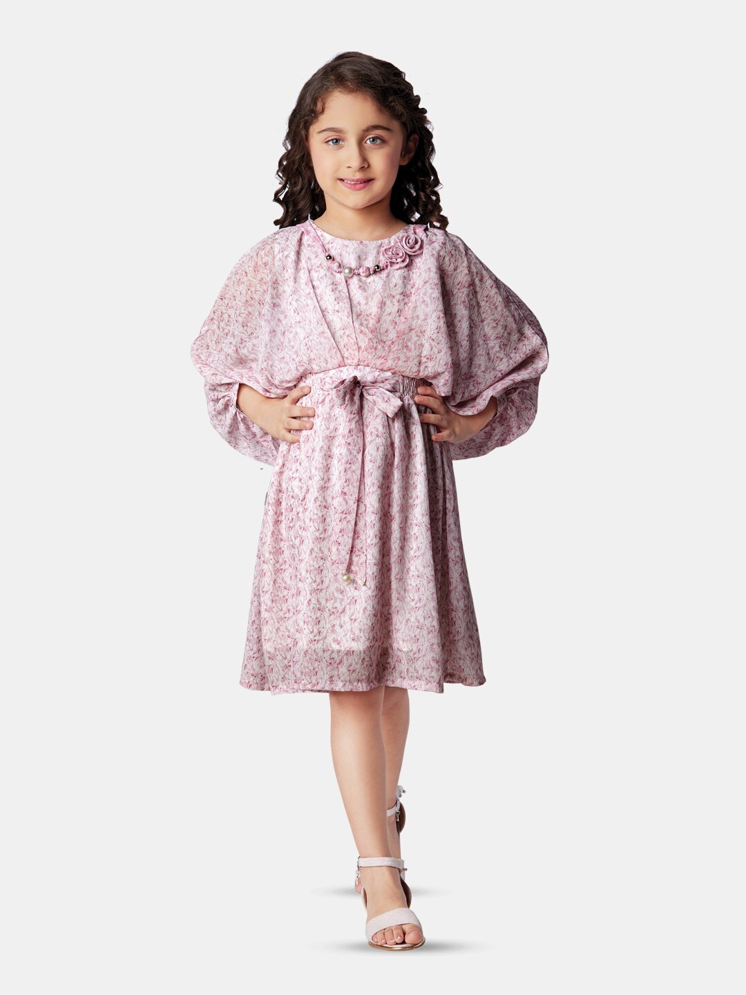 

Peppermint Girls Floral Printed Bishop Sleeves Tie-Up Chiffon A-Line Dress, Pink