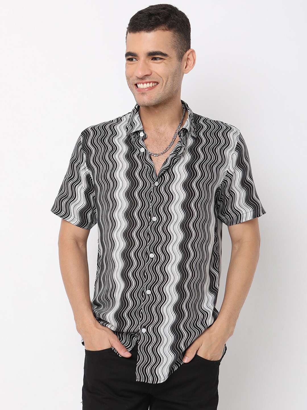 

7Shores Classic Abstract Printed Casual Shirt, Black