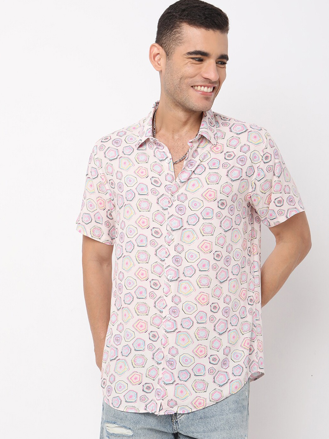 

7Shores Classic Geometric Printed Casual Shirt, Pink
