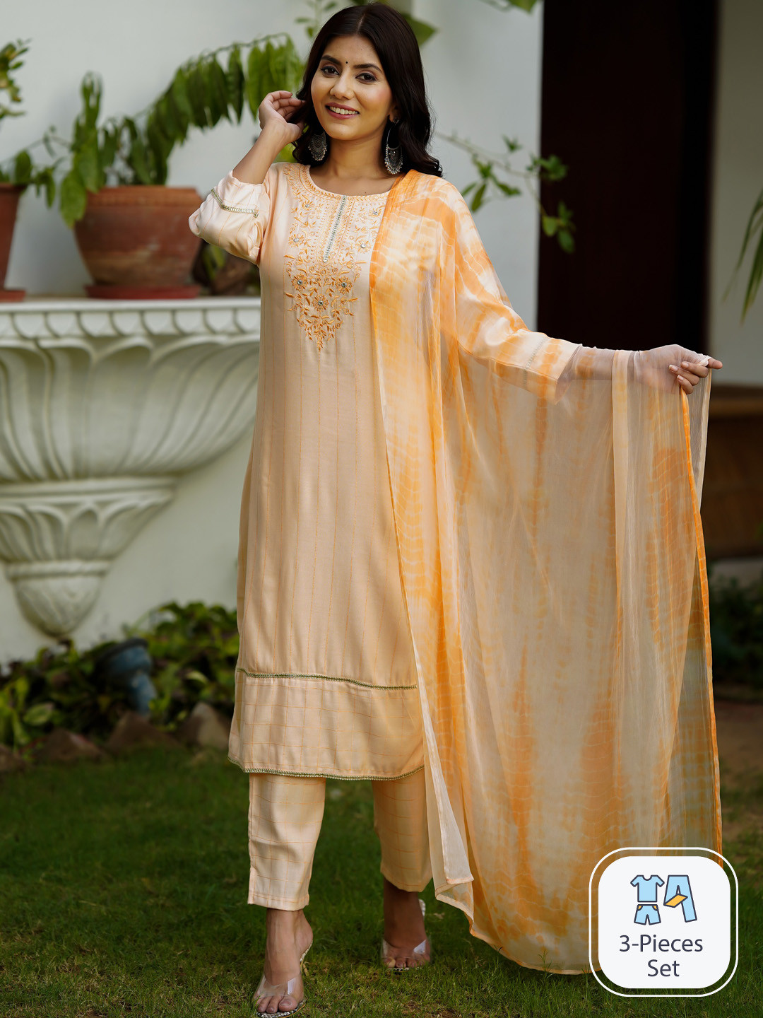 

misbis Woven Design Striped Thread Work Detail Straight Kurta & Trousers With Dupatta, Peach