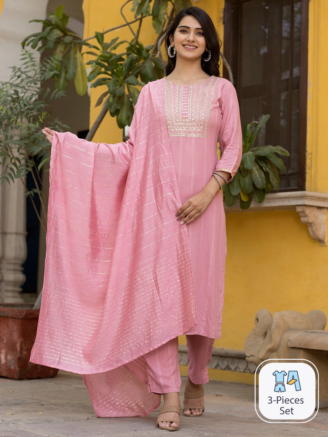 

misbis Woven Design Striped Thread Work Detail Straight Kurta & Trousers With Dupatta, Pink