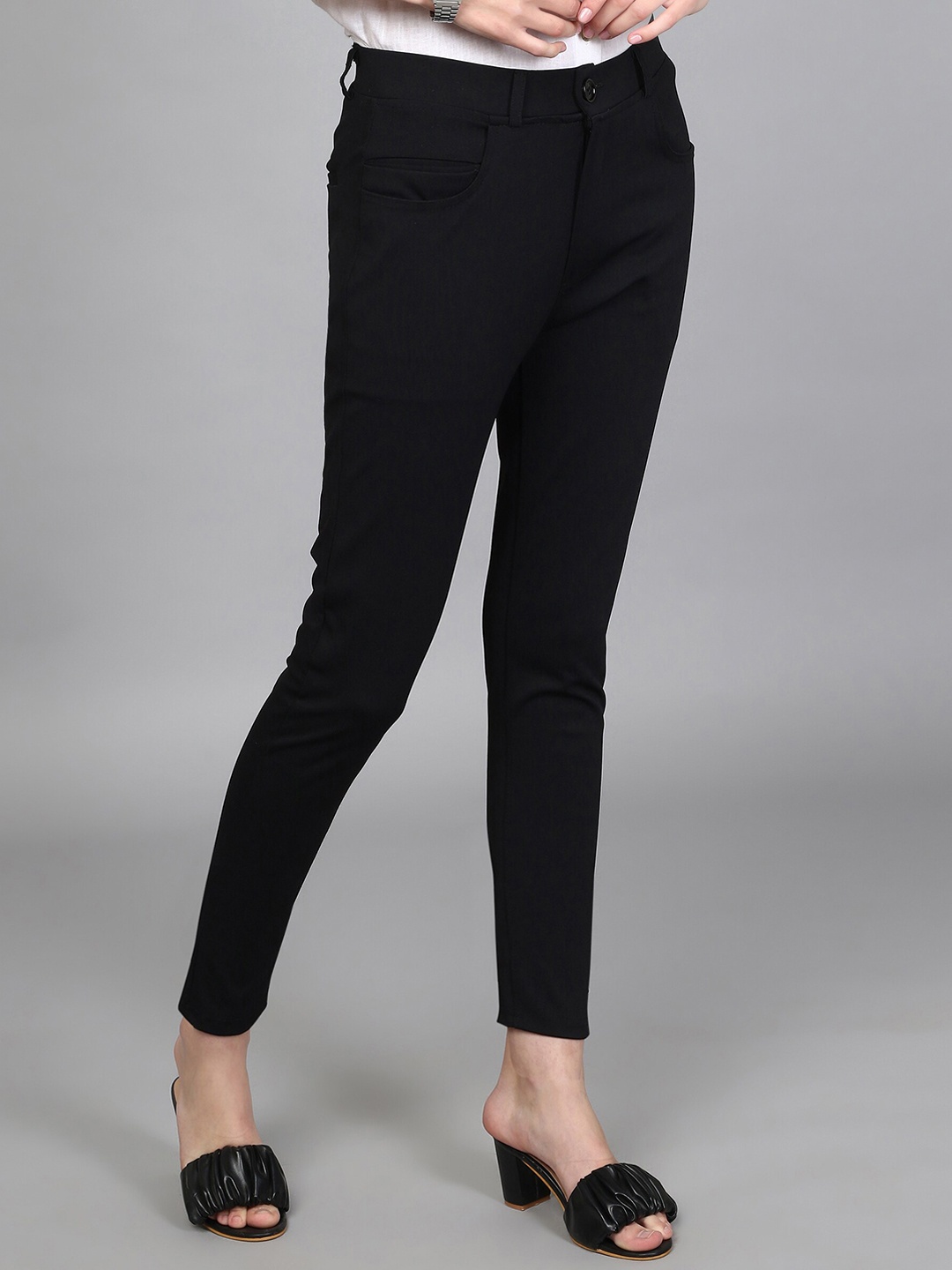 

FITHUB Women High Rise Sharp Slim Fit Easy Wash Cotton Formal Trousers, Black
