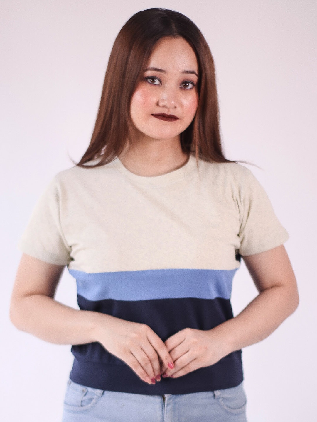 

Fasha Women Colourblocked Round Neck Cotton Casual T-shirt, Cream