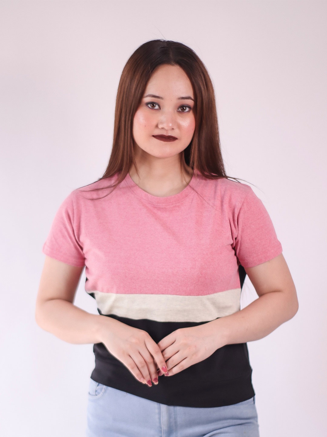 

Fasha Women Colourblocked Round Neck Cotton Casual T-shirt, Pink