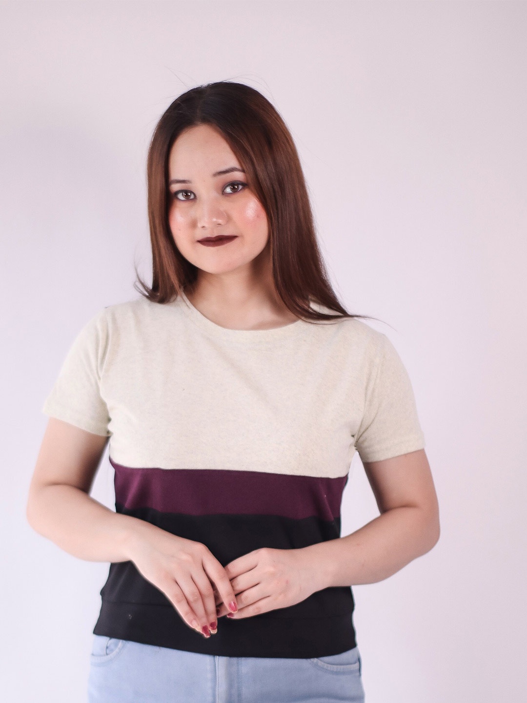

Fasha Women Colourblocked Round Neck Cotton Casual T-shirt, Beige