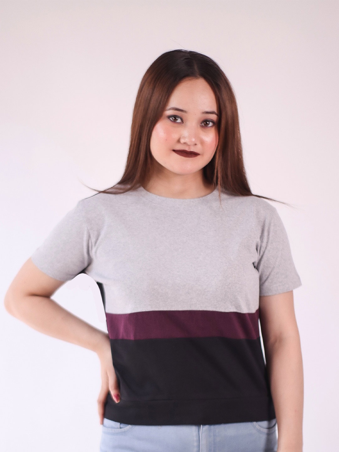 

Fasha Women Colourblocked Round Neck Cotton Casual T-shirt, Grey