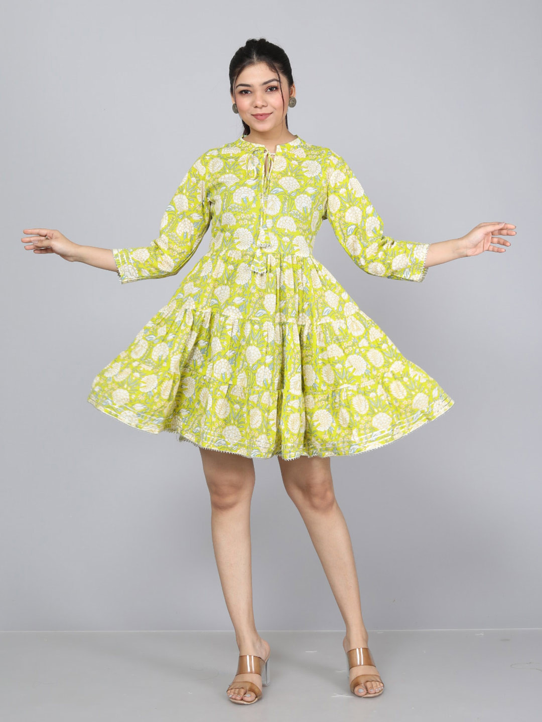 

HIGHLIGHT FASHION EXPORT Ethnic Motifs Printed Tie-Up Neck Cotton Fit & Flare Dress, Green