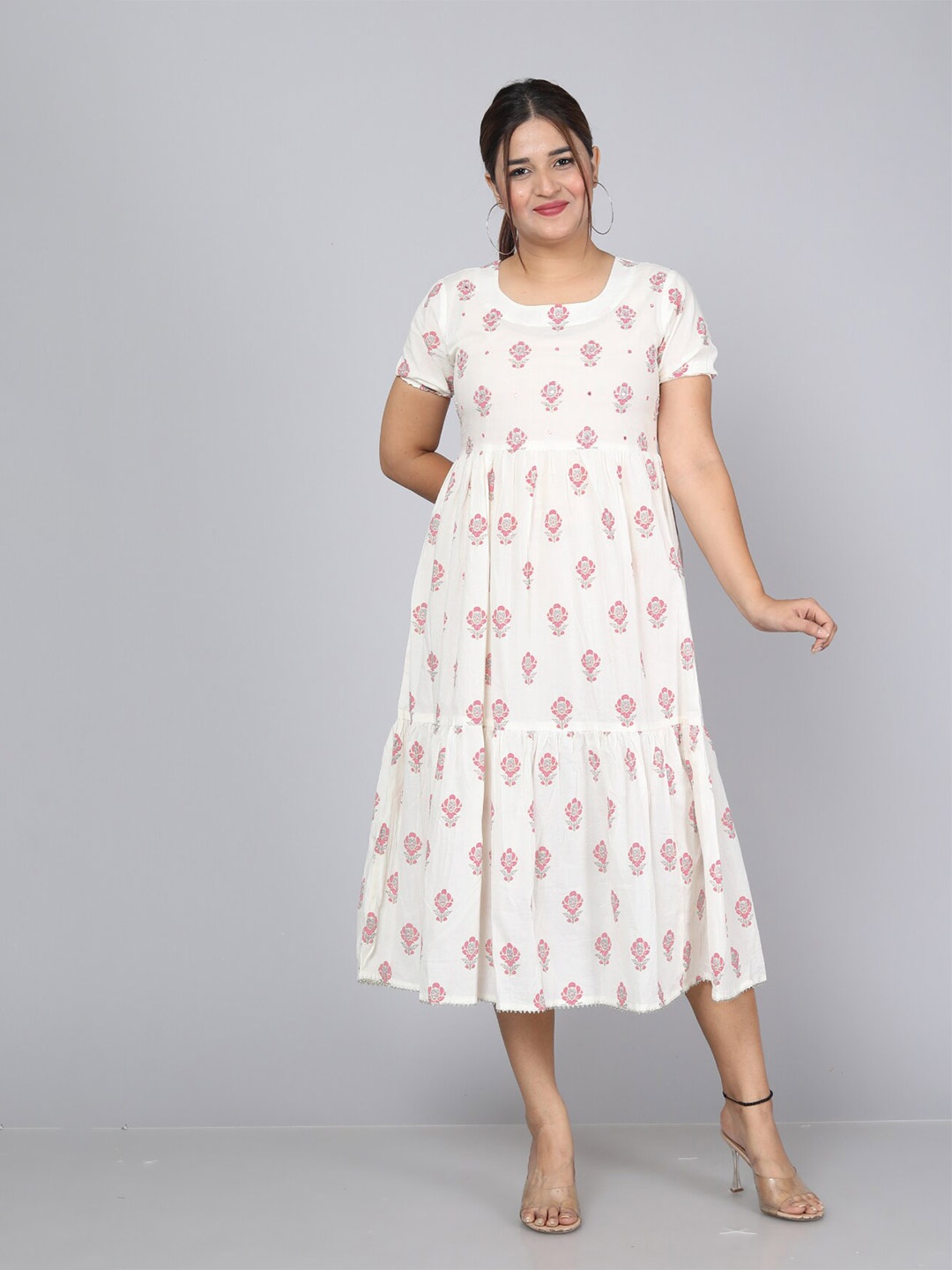 

HIGHLIGHT FASHION EXPORT Ethnic Motifs Printed Puff Sleeve A-Line Midi Dress, White