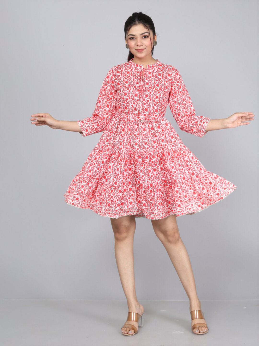 

HIGHLIGHT FASHION EXPORT Ethnic Motifs Printed Tie-Up Neck Cotton Fit & Flare Dress, White