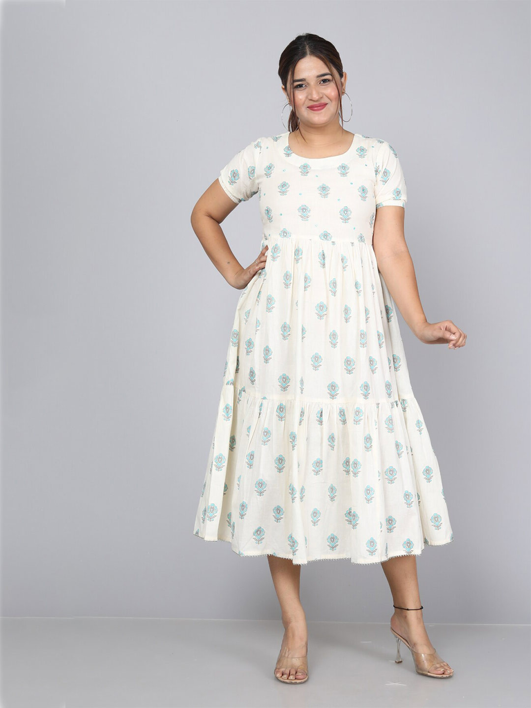 

HIGHLIGHT FASHION EXPORT Floral Printed Gathered Tiered Cotton Fit & Flare Ethnic Dress, Off white