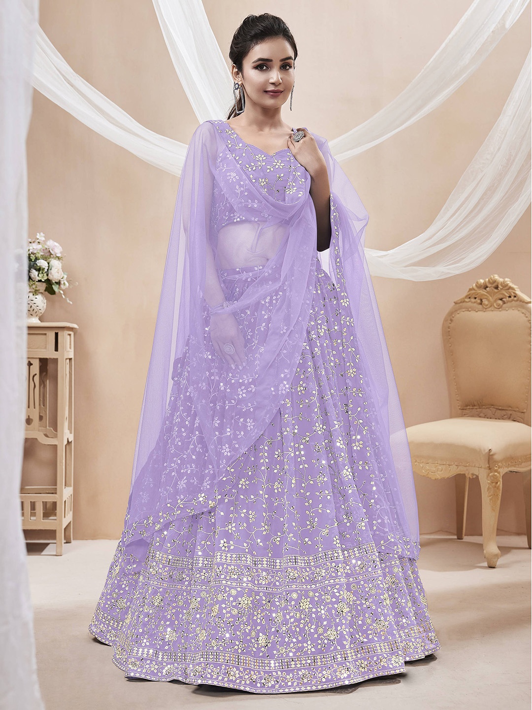 

Zeel Clothing Embroidered Sequinned Semi-Stitched Lehenga & Blouse With, Lavender