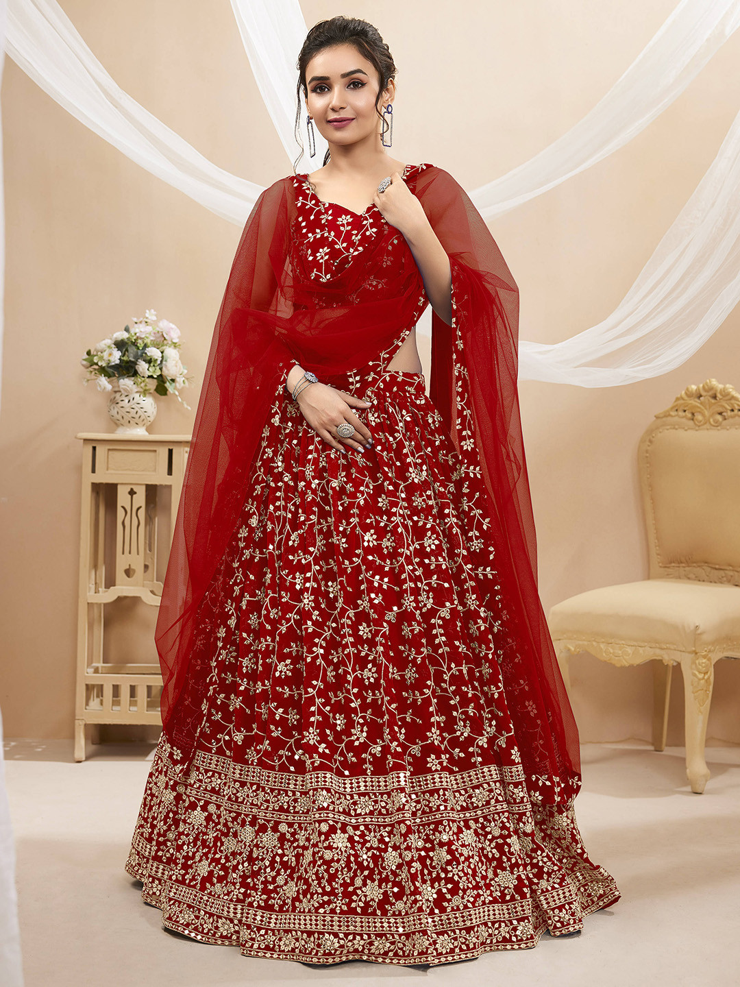 

Zeel Clothing Embroidered Sequinned Semi-Stitched Lehenga & Unstitched Blouse With Dupatta, Red