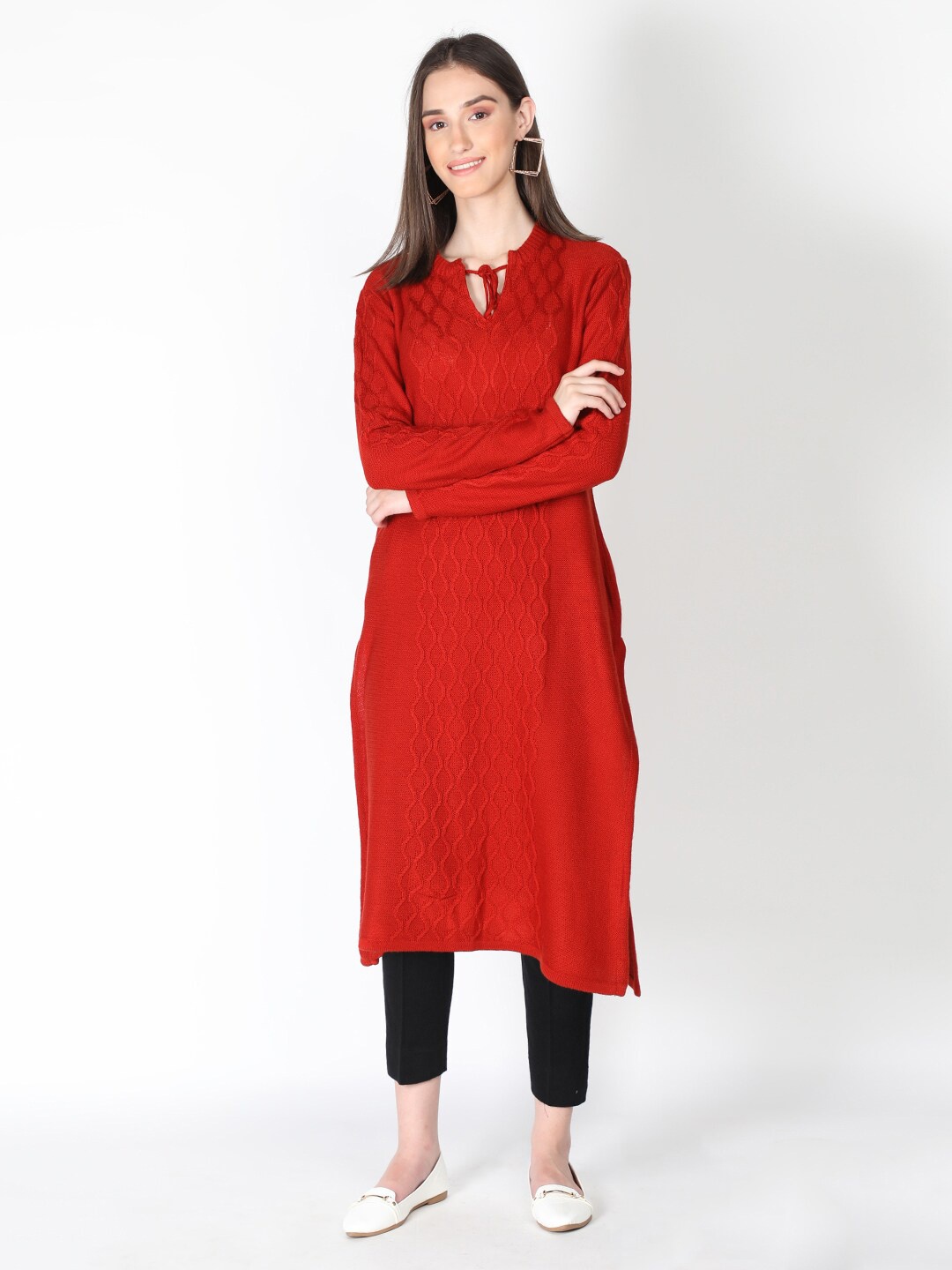 

Dlanxa Woven Design Tie Up Neck Woolen Straight Kurta, Red