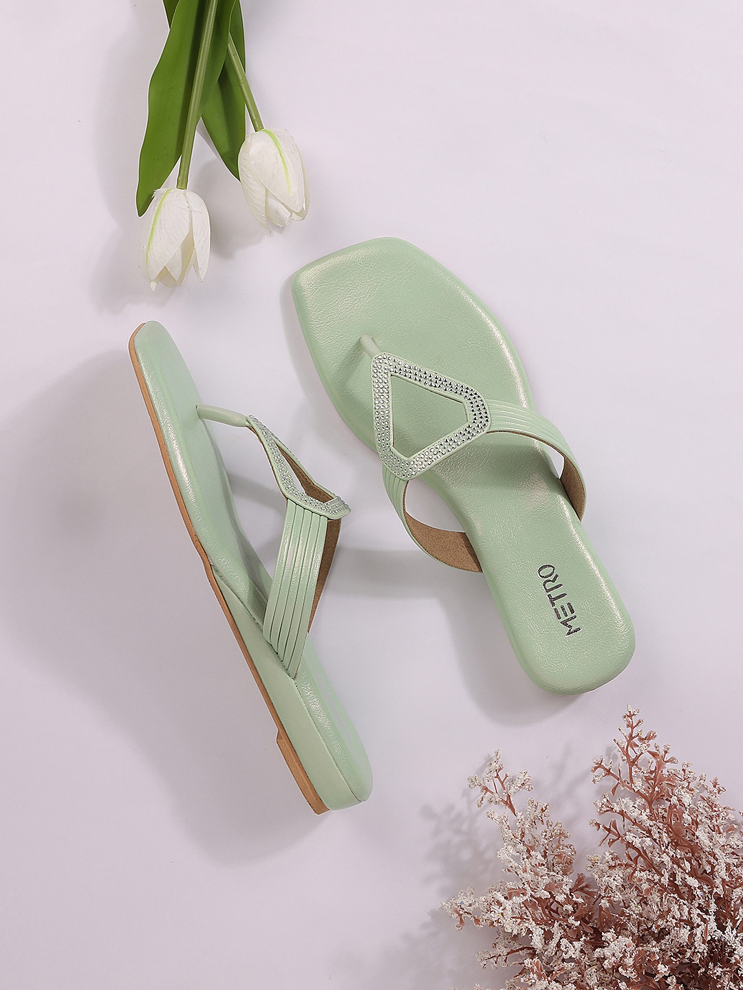 

Metro Embellished Open Toe Flats, Green