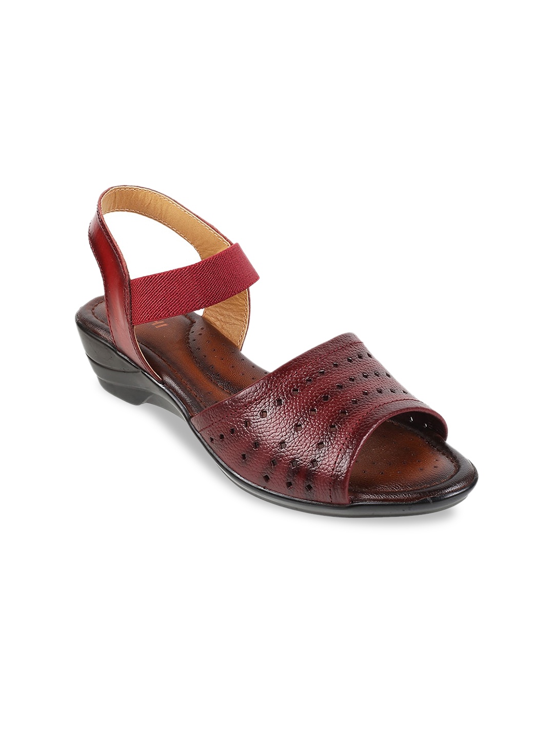 

Mochi Textured Leather Wedge Heels with Laser Cuts, Maroon