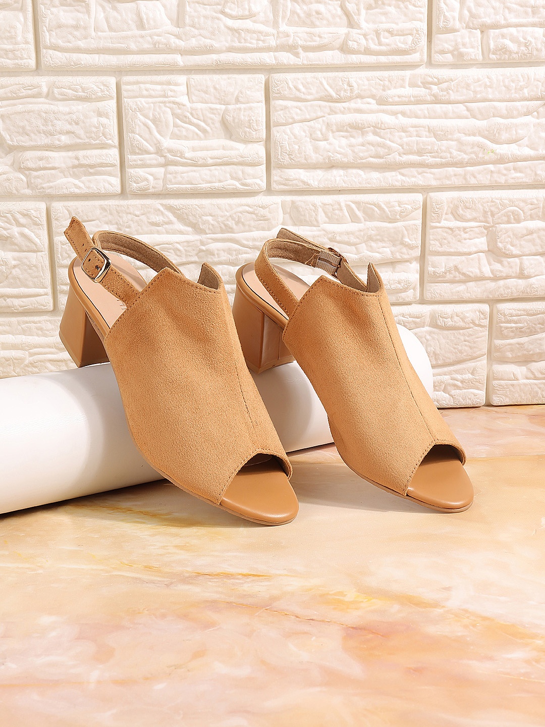 

Mochi Peep Toe Block Heels With Backstrap, Tan