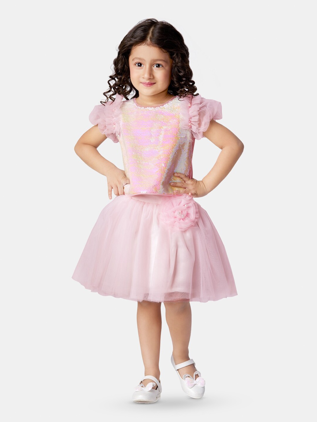 

Peppermint Girls Embellished Puff Sleeves Top with Skirt, Pink