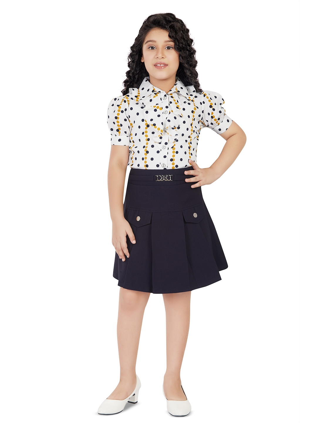 

Peppermint Girls Polka Dots Printed Ruffled Shirt with Skirt, Navy blue