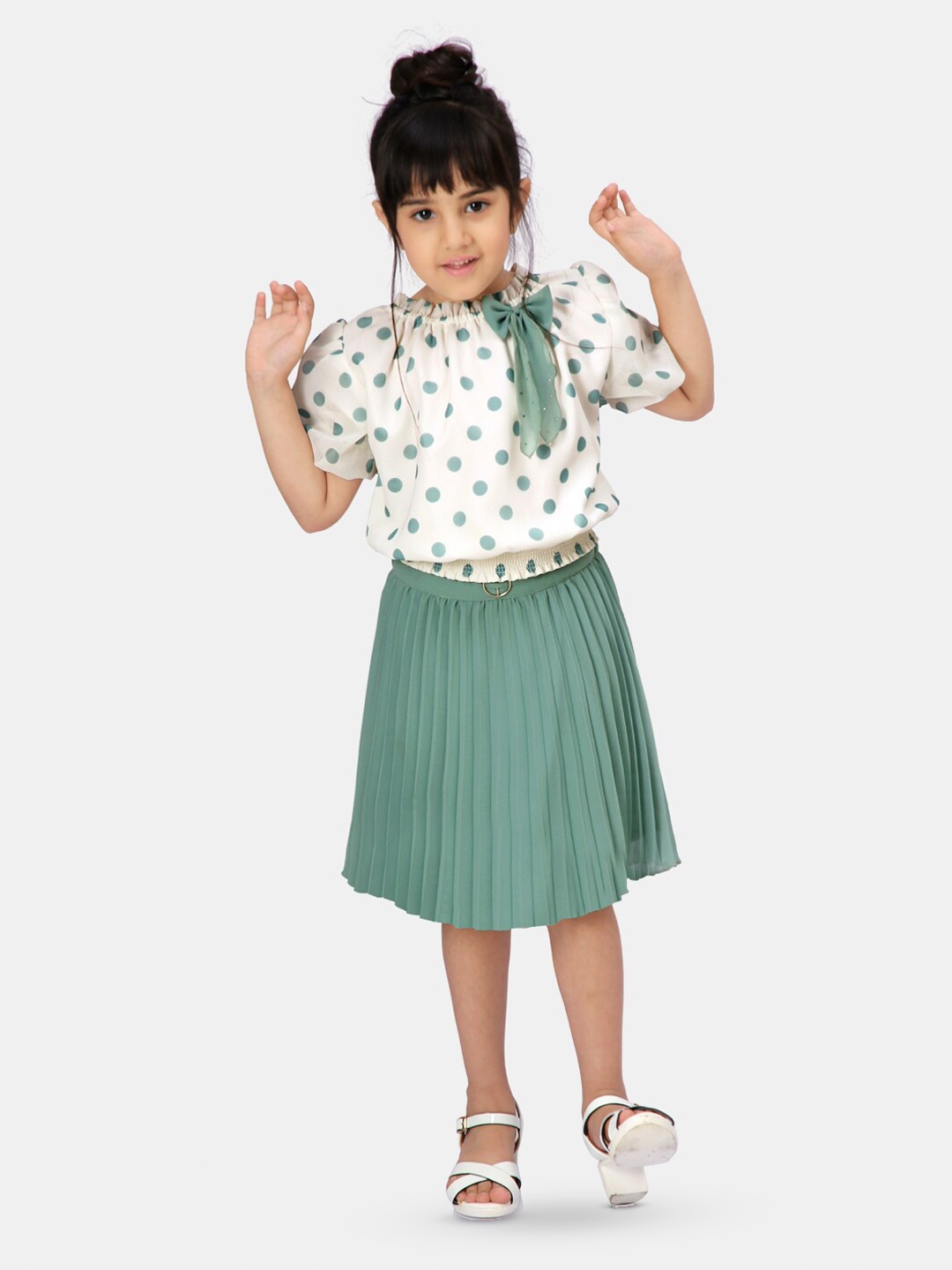 

Peppermint Girls Polka Dot Printed Top with Skirt, Green