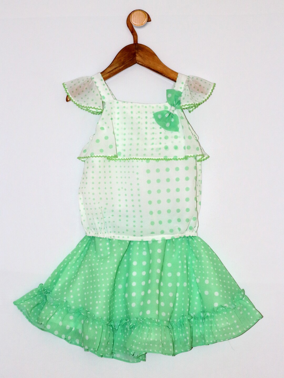 

Peppermint Girls Polka Dots Printed Top with Skirt, Green