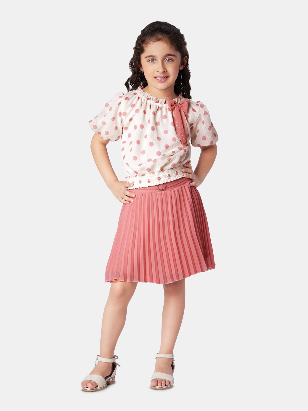 

Peppermint Girls Polka Dots Printed Top with Skirt, Peach