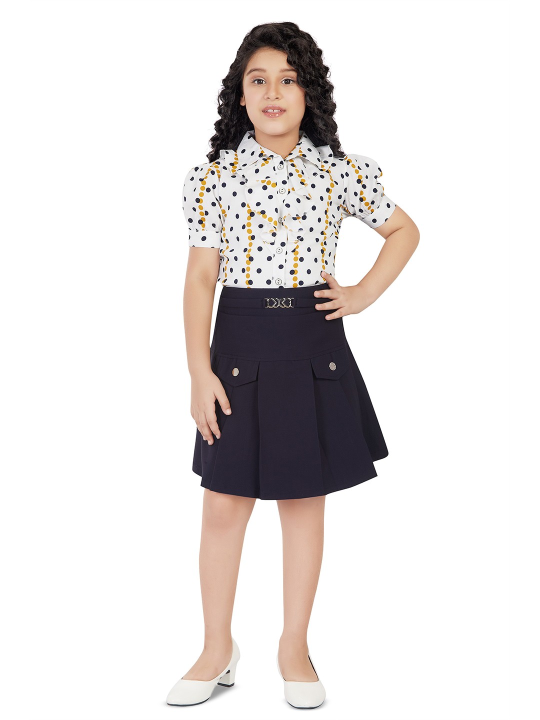 

Peppermint Girls Polka Dot Printed Shirt with Skirt, Navy blue