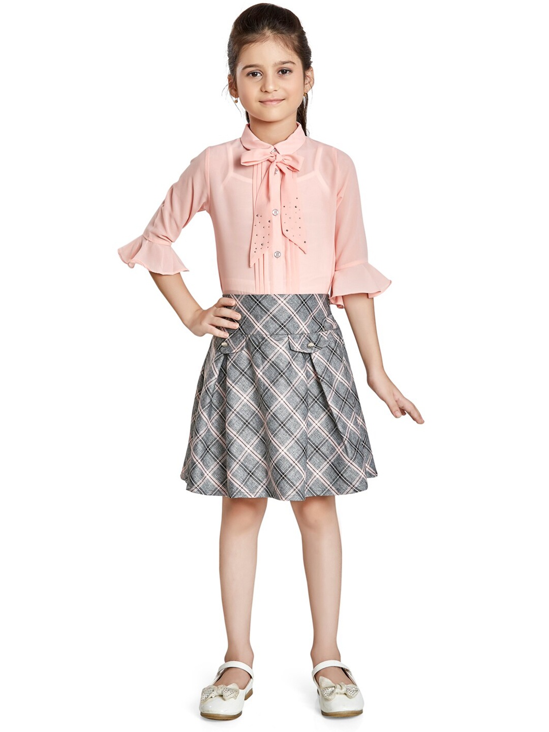 

Peppermint Girls Tie Up Neck Top with Skirt, Peach