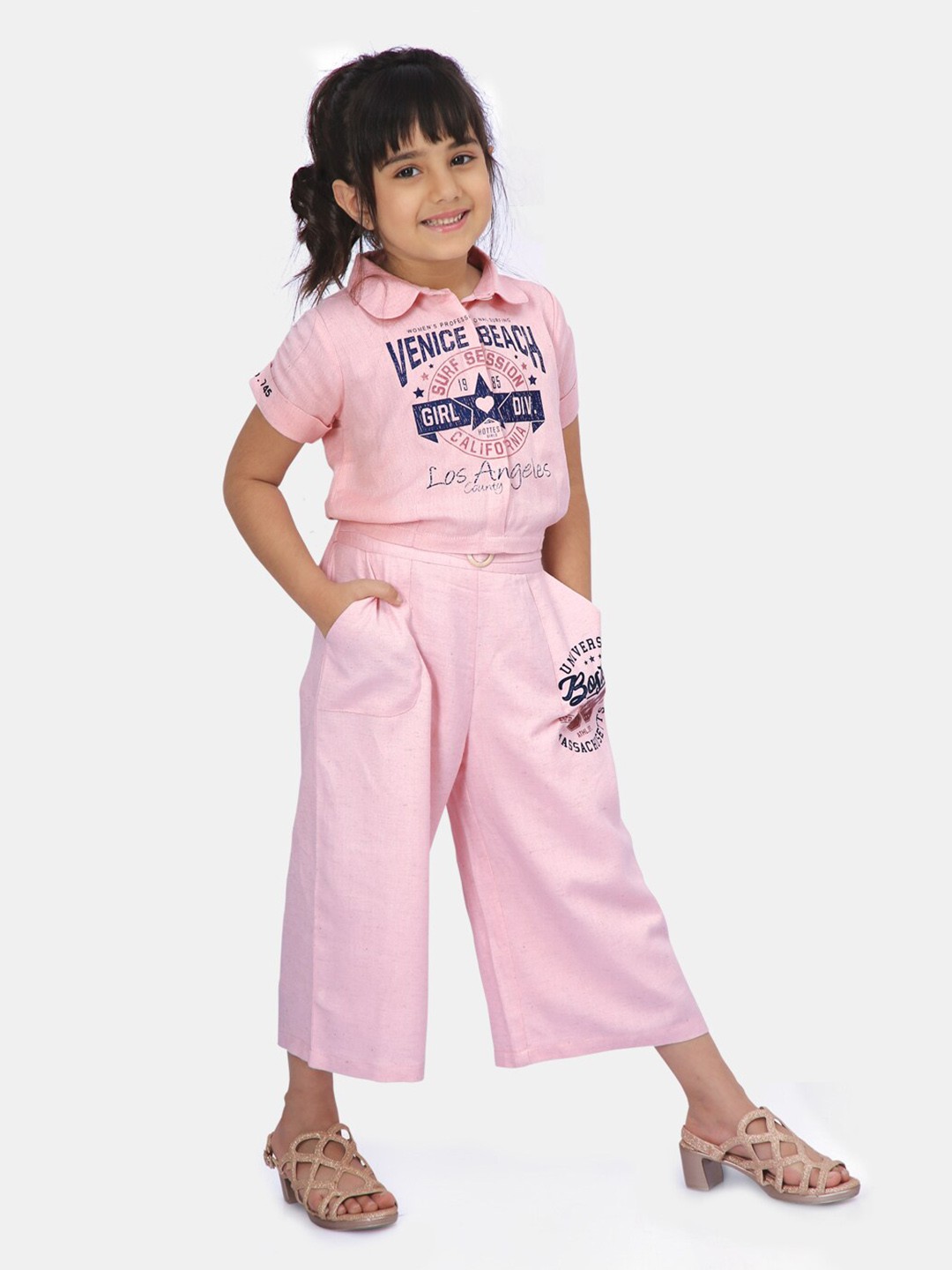 

Peppermint Girls Printed Shirt Collar Top with Trousers, Pink