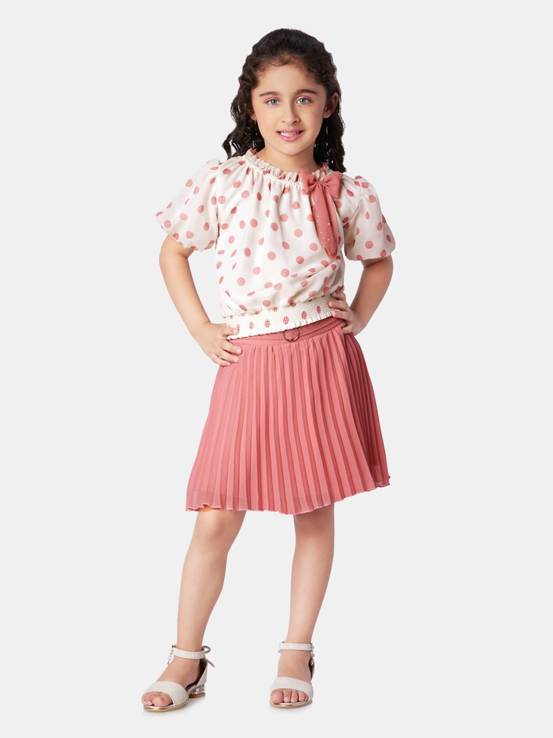 

Peppermint Girls Polka Dots Printed Top with Skirt, Peach