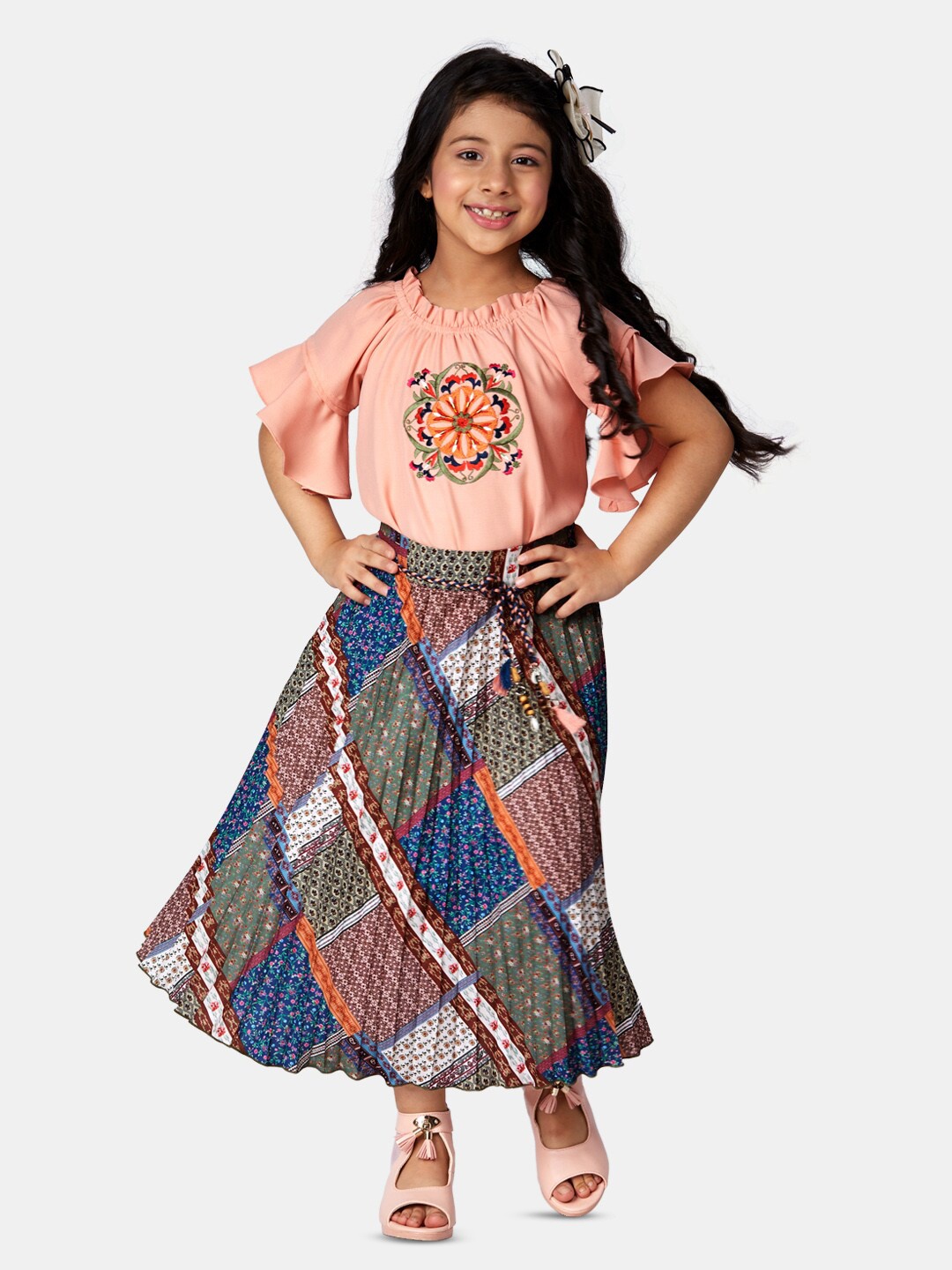 

Peppermint Girls Printed Top with Skirt, Peach