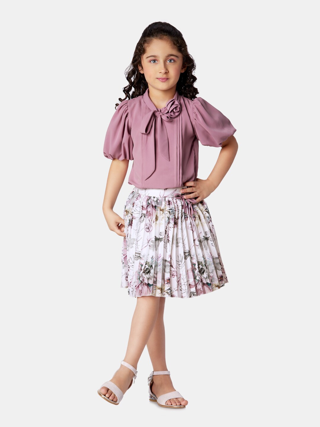 

Peppermint Girls Tie-Up Neck Puff Sleeves Gathered Top with Skirt, Pink