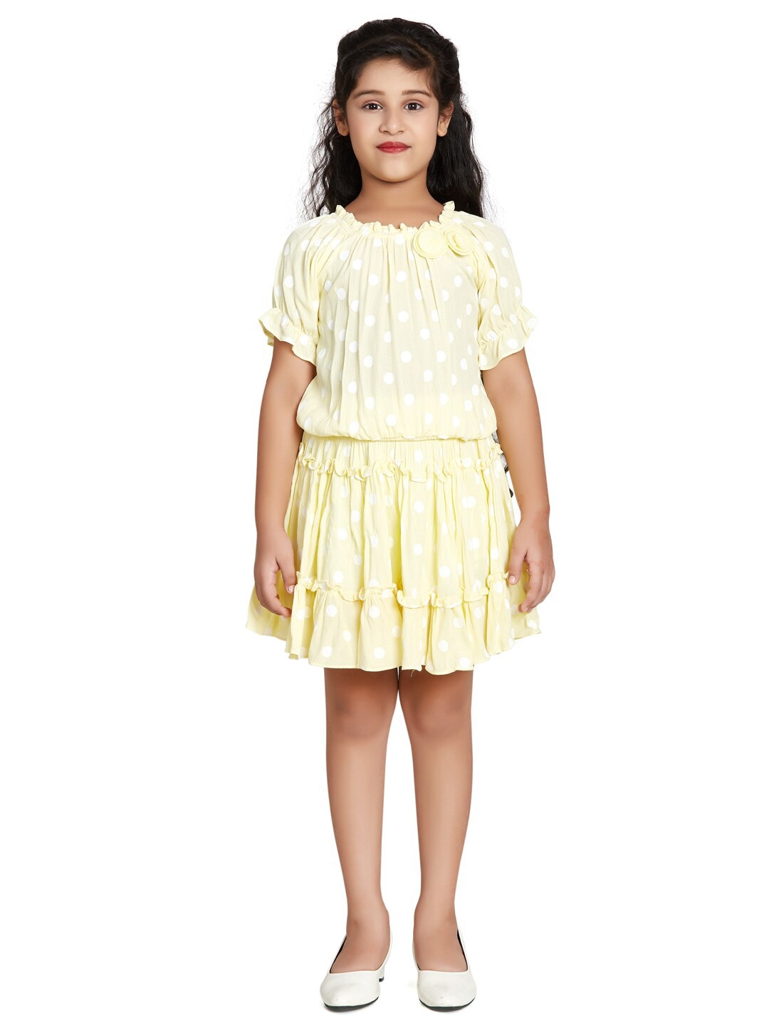

Peppermint Girls Polka Dots Printed Top with Skirt, Yellow