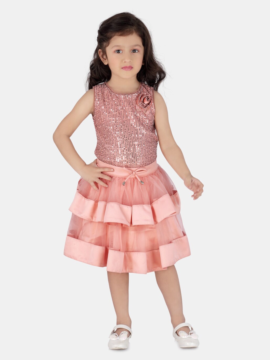 

Peppermint Girls Embellished Round Neck Top with Skirt, Peach