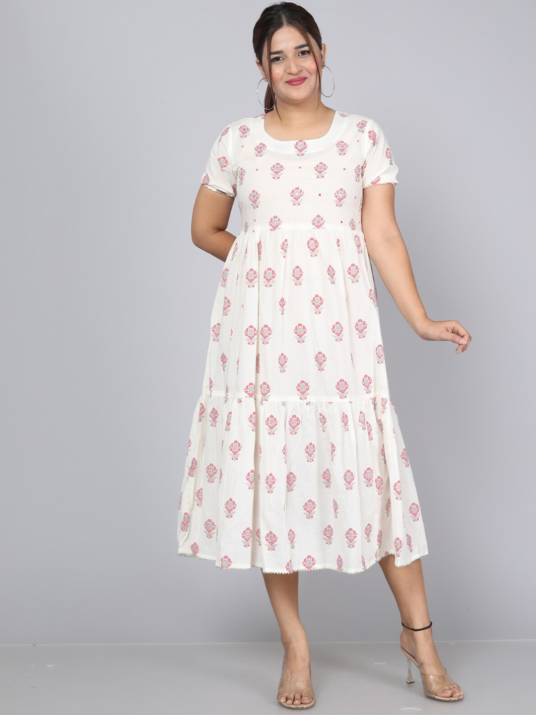 

JC4U Floral Printed Tiered Pure Cotton Fit & Flare Dress, White