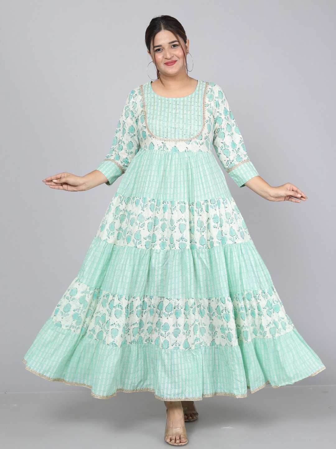 

JC4U Ethnic Motifs Printed Gathered Tiered Pure Cotton Fit & Flare Maxi Ethnic Dress, Green