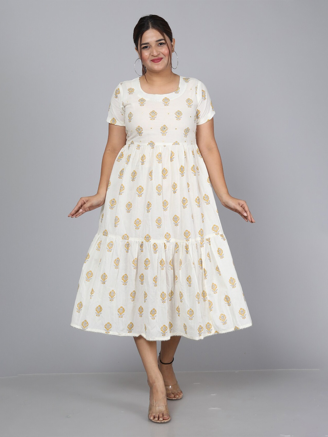 

JC4U Floral Printed Pure Cotton Fit & Flare Midi Dress, White
