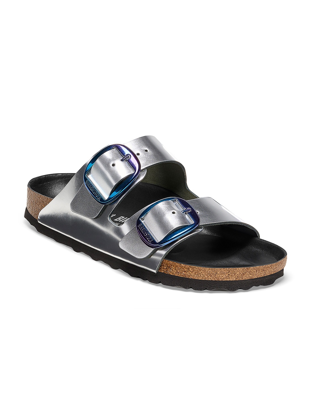 

Birkenstock Arizona Big Buckle Natural Leather Narrow Width Women Two Strap Open Toe Flats, Silver