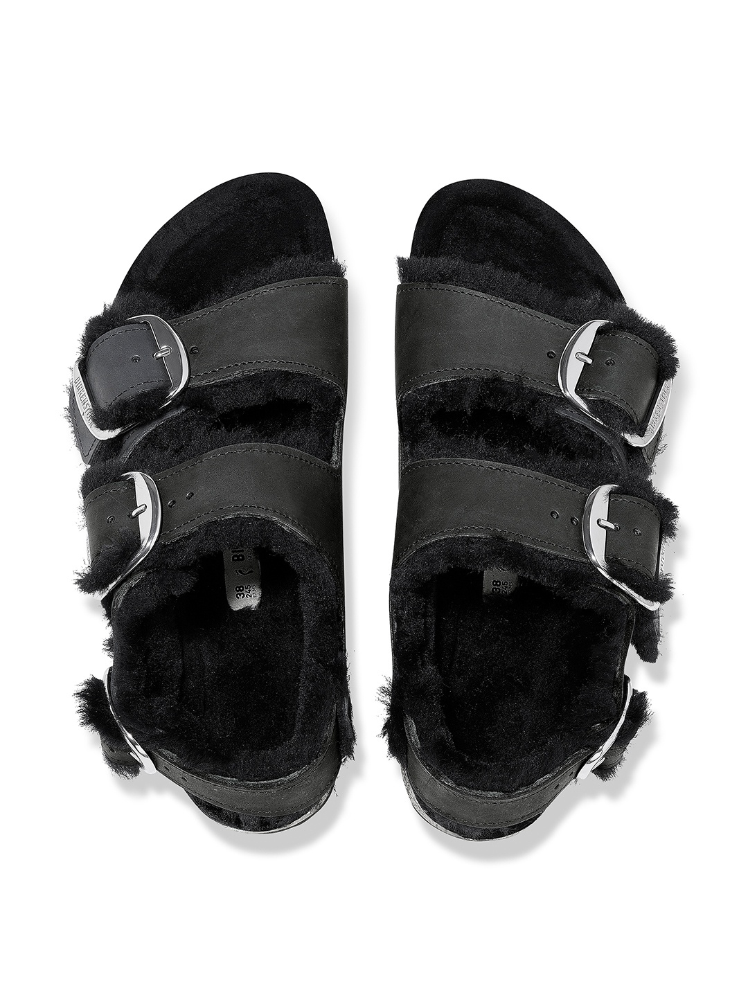 

Birkenstock Milano Buckle Shearling Black Narrow Width Oiled Leather With An Ankle Strap