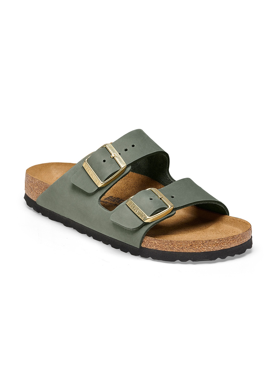 

Birkenstock Arizona Nubuck Leather Narrow Width Two Strap Open Toe Flats, Green