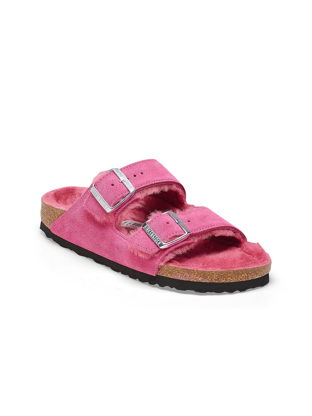 

Birkenstock Arizona Shearling Suede Leather Narrow Width Two Strap Open Toe Flats, Pink