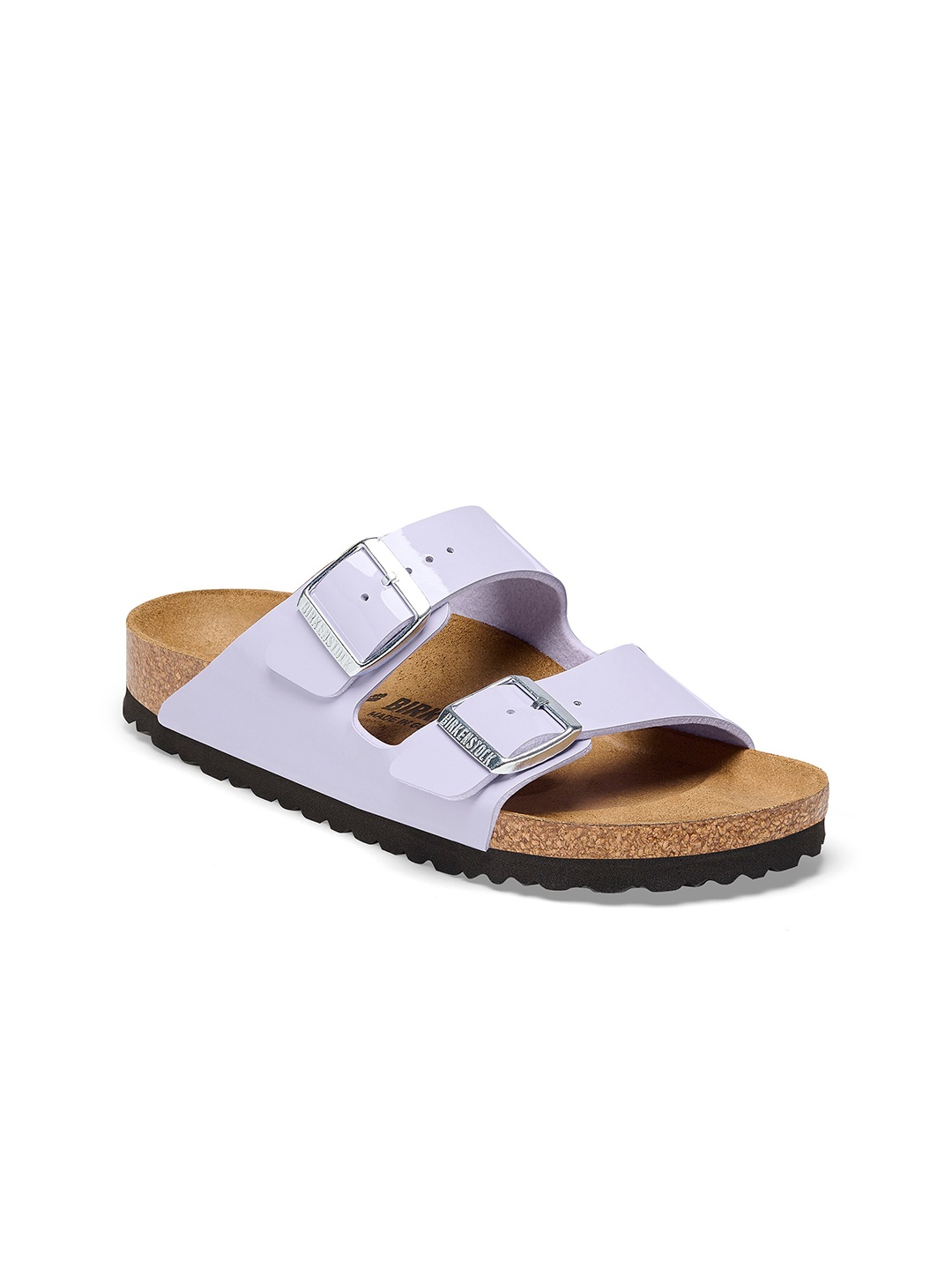 

Birkenstock Arizona Birko-Flor Patent Narrow width Two Strap Open Toe Flats, Purple