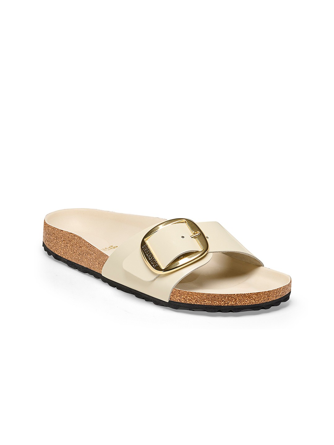 

Birkenstock Madrid Big Buckle Natural Leather Patent Narrow Width One Strap Open Toe Flats, Beige