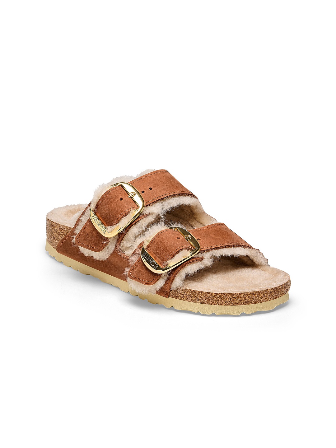 

Birkenstock Arizona Buckle Shearling Cognac Narrow Width Oiled Leather Two-Strap Sandals, Brown