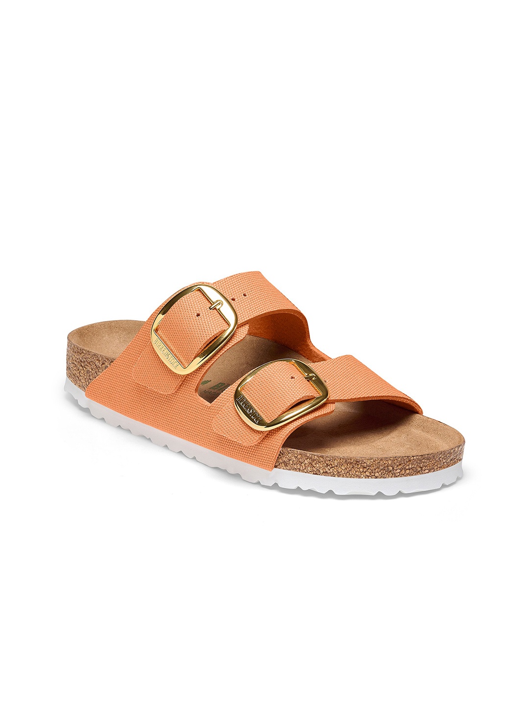 

Birkenstock Arizona Buckle Rivet Logo Vegan Canvas Papaya Narrow Width Two-Strap Sandals, Orange