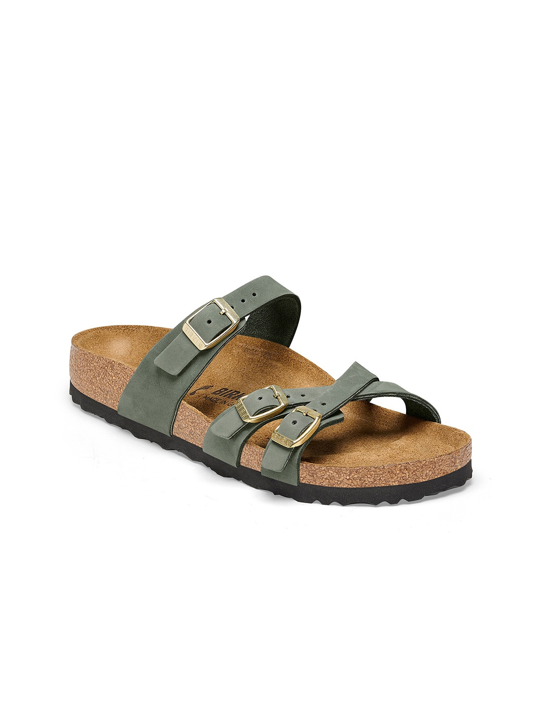 

Birkenstock Franca Nubuck Leather Narrow Width Multi Strap Open Toe Flats, Green